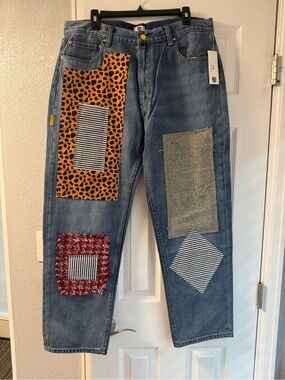 Patchwork Wide Leg Jeans in Blue with Mixed Fabric Panels
